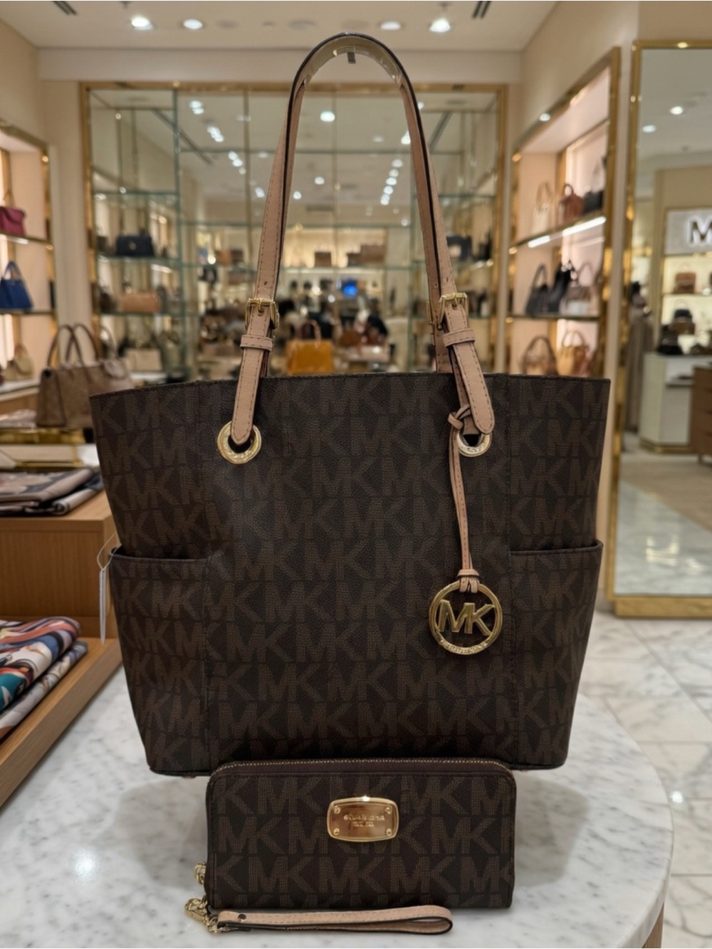 Michael Kors Jet Set Brown Signature MK Tote & Long Zip Accordion Wallet Set New